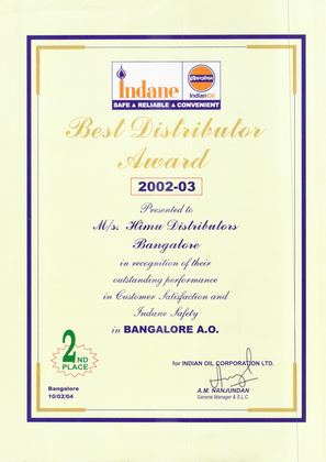 Best Distributor Award – 2nd place, Bangalore Area Office 2002–03 – IndianOil certificate for Himu Distributors