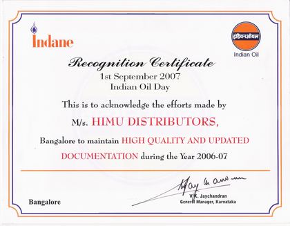 Recognition Certificate, Indian Oil Day 2006–07 – IndianOil certificate for Himu Distributors